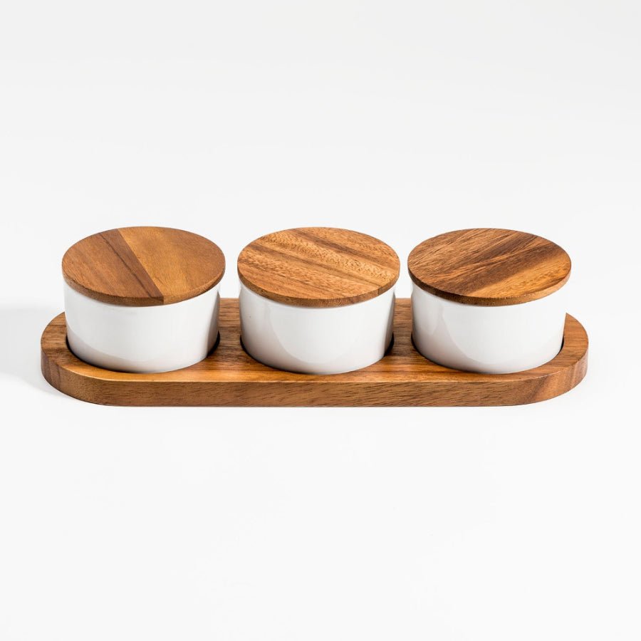 Ceramic Bowls with Acacia Wood Lids and Base, set of 3