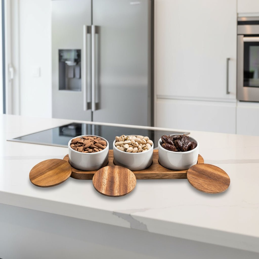 Ceramic Bowls with Acacia Wood Lids and Base, set of 3