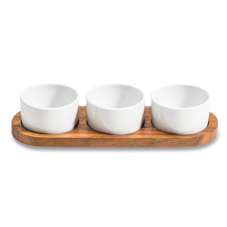 Ceramic Bowls with Acacia Wood Lids and Base, set of 3